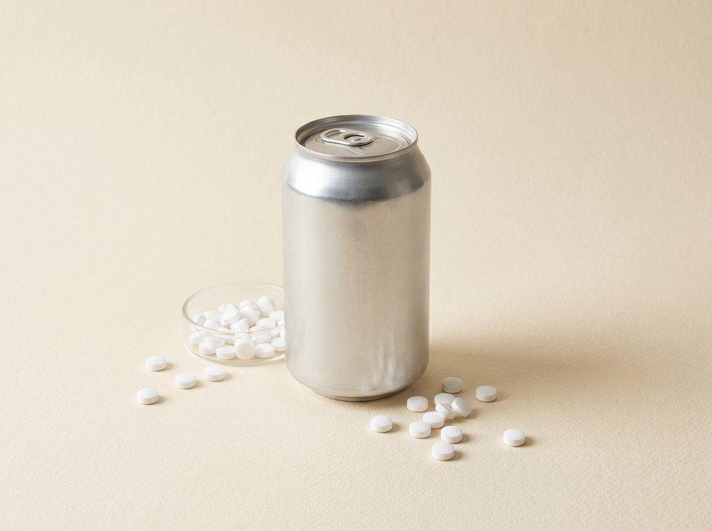 Silver soda can with artificial sweetener tablets