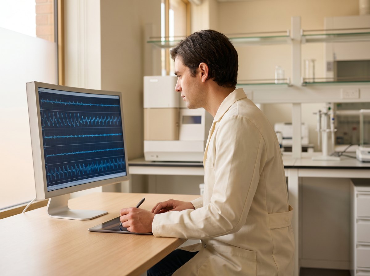 Scientist looking at EEG brain waves on a monitor