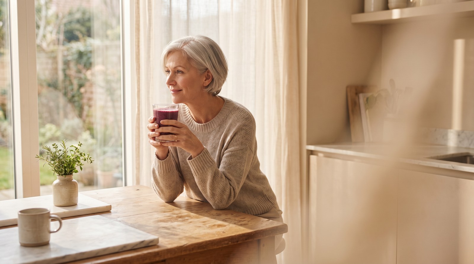 Mature woman looking out window holding a healthy drink