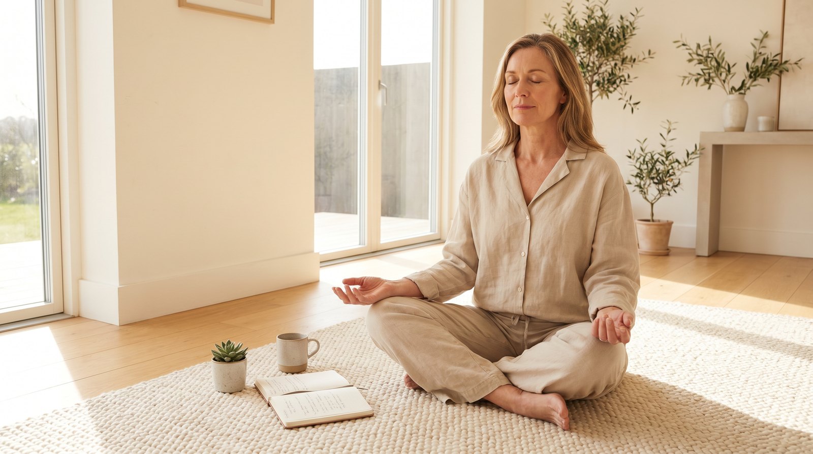 Woman meditating peacefully at home