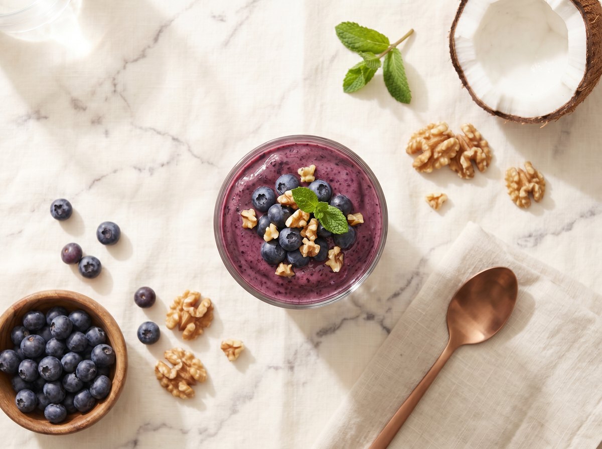 Top down view of blueberry smoothie with walnuts