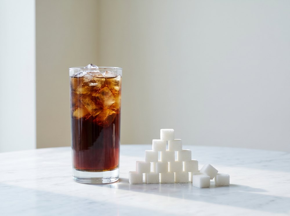 Glass of dark soda next to sugar cubes