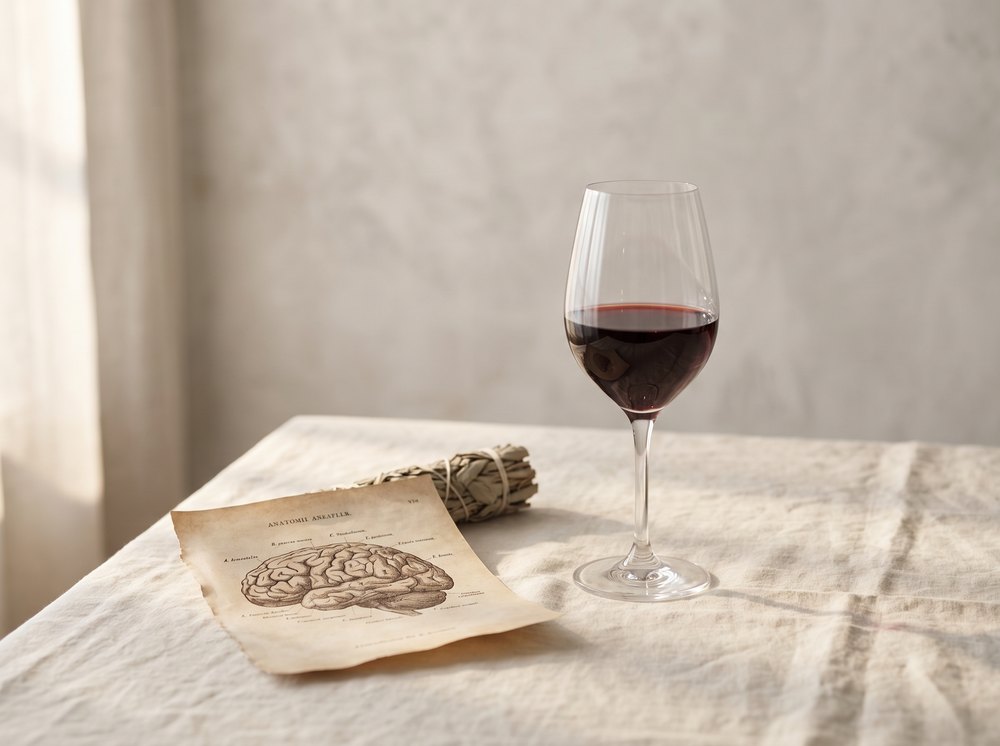 Glass of red wine next to brain illustration